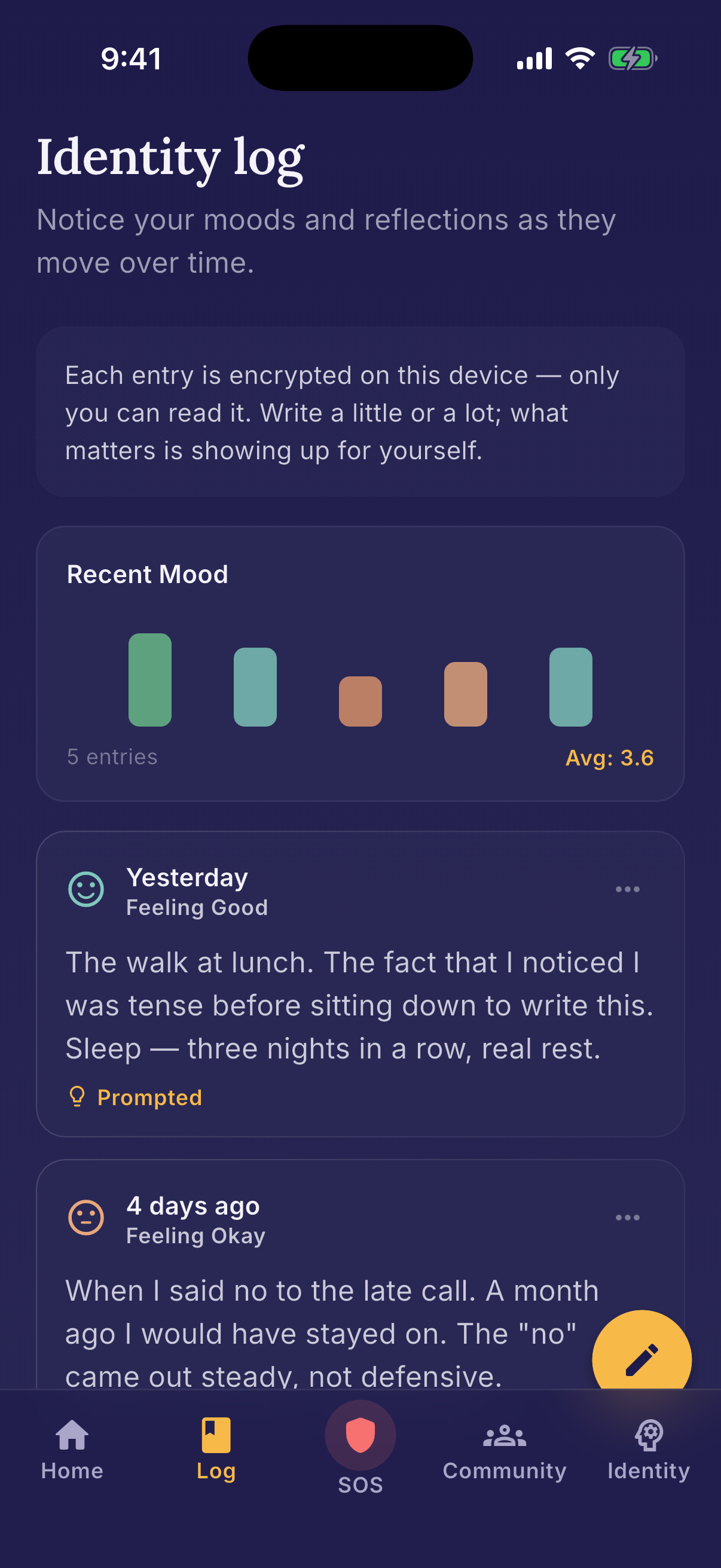 Identity Log — write what happened in your own words, search past entries